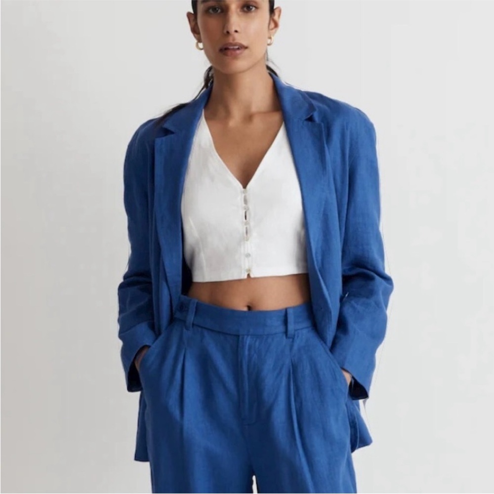 Madewell Double-Breasted Cross-over Blazer 100% Linen in Blue